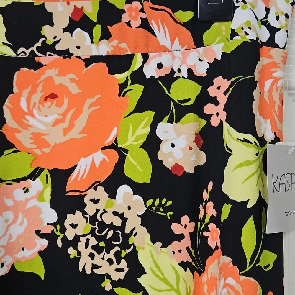 Kasper Woman A-line Flowy Midi Skirt: Black/Green/Papaya‎ Floral: Size- 2X